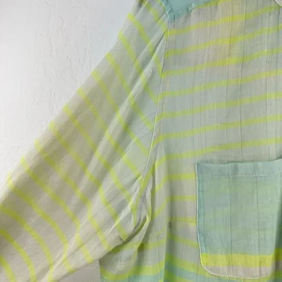 Lane Bryant Pastel Shirt 14/16 Yellow Teal Roll Tab Sleeve Sheer Spring Light - Picture 2 of 8